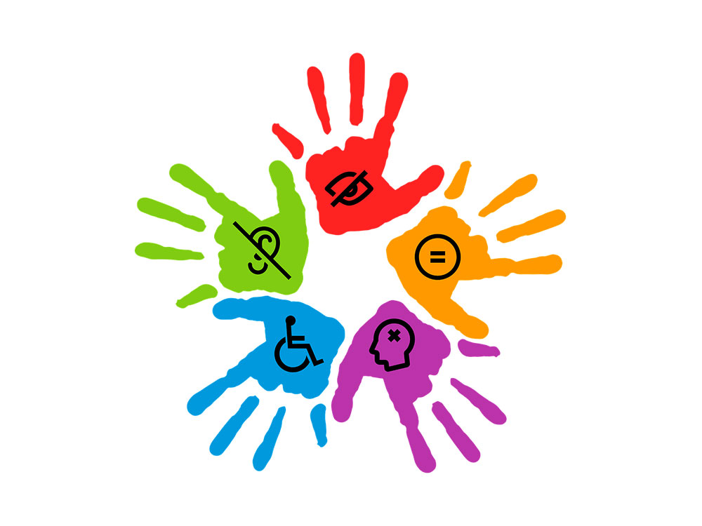 Accessibilité, image representant les logos des différents handicap incruste dans des mains qui forment un arc de cercle